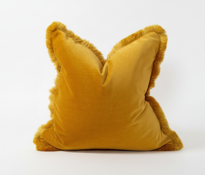 Mustard Velvet Cushion - Mustard Fringe Velvet Pillow