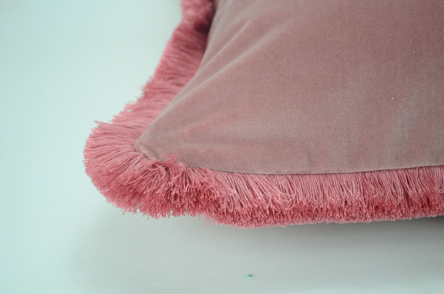 Velvet Throw Pillow, Velvet Fringe Cushion, Blush Pink with Dusty Pink Fringe