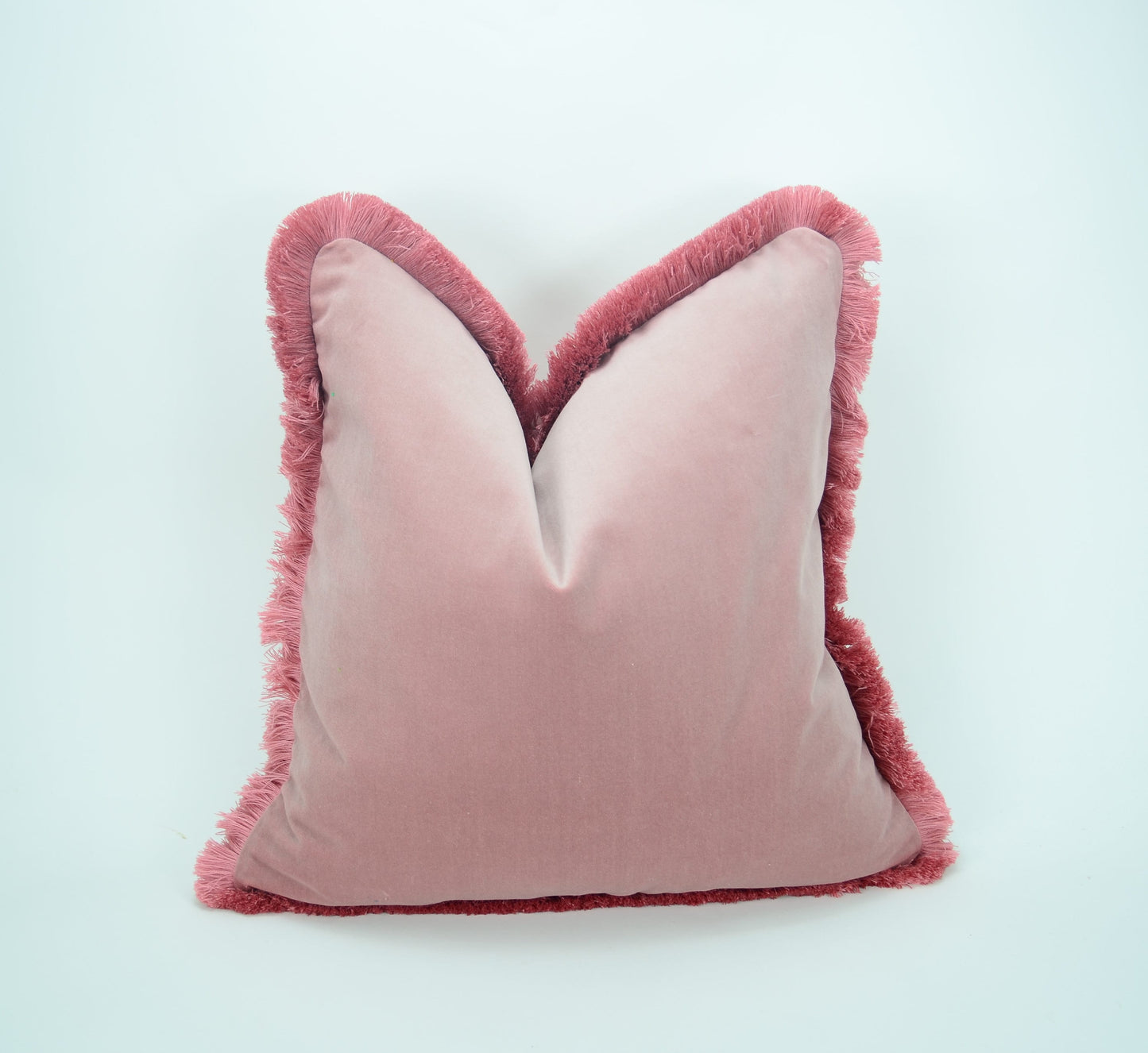 Velvet Throw Pillow, Velvet Fringe Cushion, Blush Pink with Dusty Pink Fringe