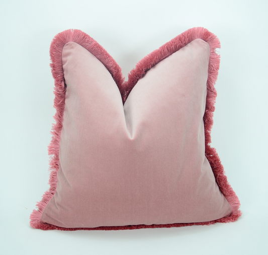 Pink Velvet Thow Pillow - Blush Velvet Fringe Cushion