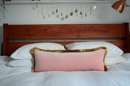 Long Lumbar Pillow, Long Lumber Velvet Cushion, Blush Pink with Gold Fringe