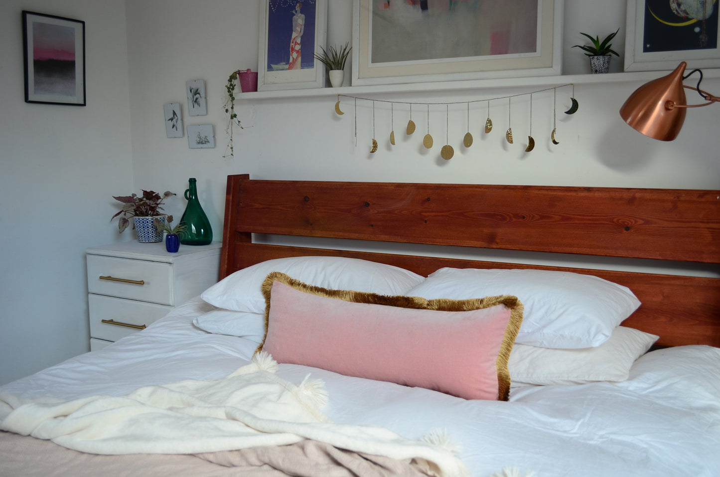 Long Lumbar Pillow, Long Lumber Velvet Cushion, Blush Pink with Gold Fringe