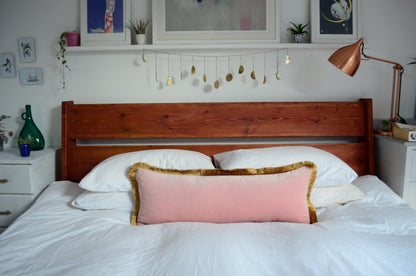Long Lumbar Pillow, Long Lumber Velvet Cushion, Blush Pink with Gold Fringe