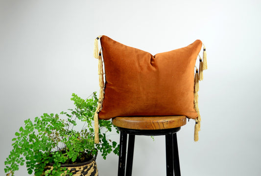 Velvet Tassel Pillow - Copper Velvet Pillow With Beaded Tassels & Soft Fringe