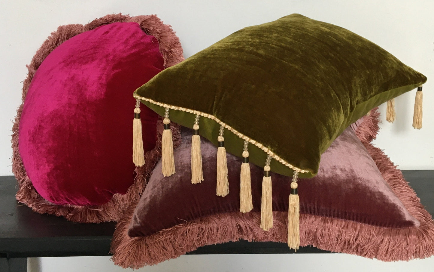 Velvet Pillow, Silk Velvet Cushion, Fuschia Pink with Coral fringe Trim