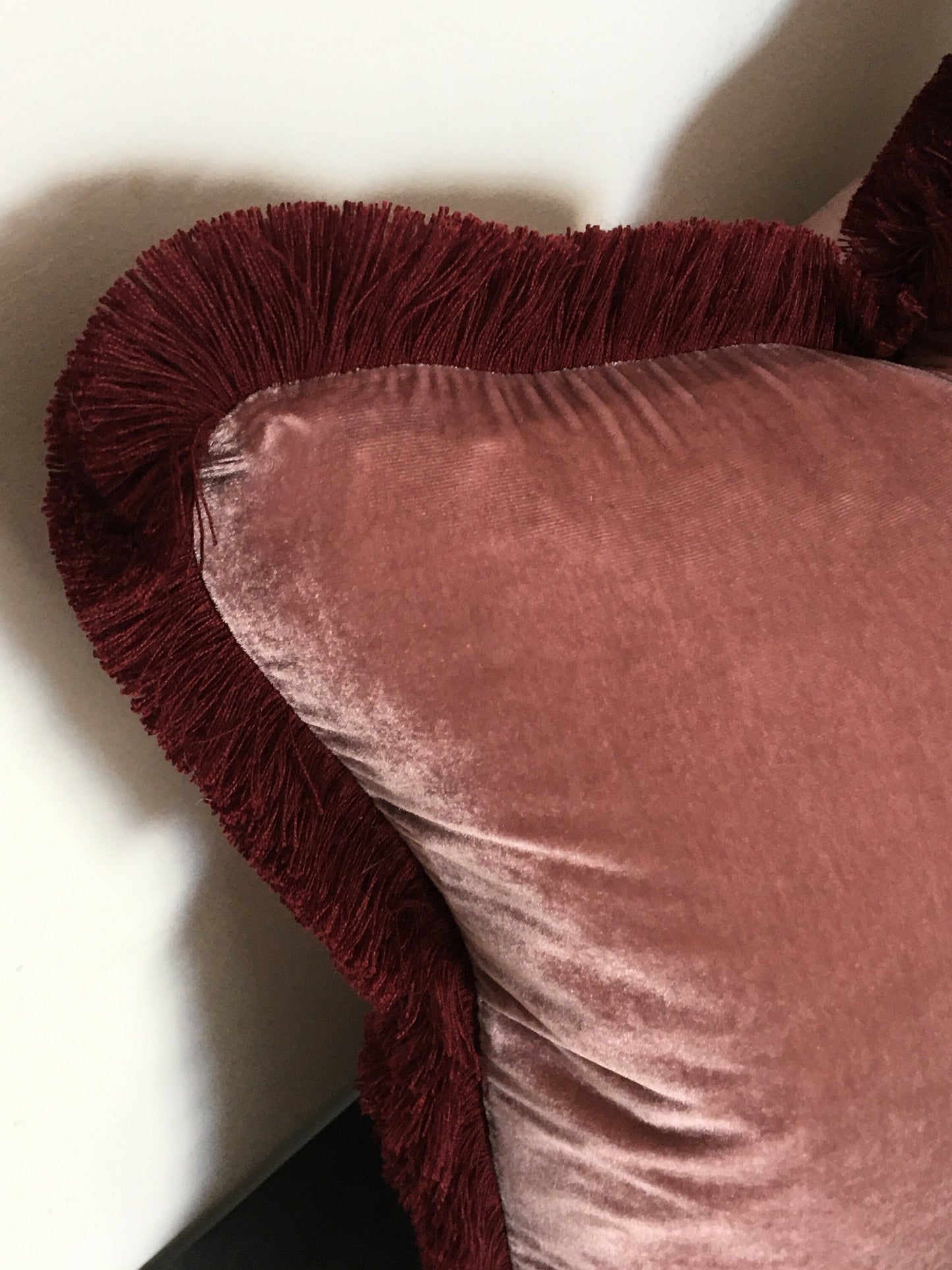 Silk Velvet Throw Pillow - Dusty Rose Pink Velvet Fringe Cushion