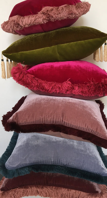 Silk Velvet Pillow Cover - Berry Pink Velvet Fringe Cushion