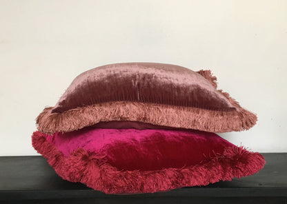 Silk Velvet Throw Pillow - Dusty Rose Pink Velvet Fringe Cushion