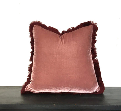 Silk Velvet Throw Pillow - Dusty Rose Pink Velvet Fringe Cushion