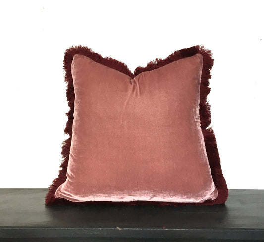 Silk Velvet Throw Pillow - Dusty Rose Pink Velvet Fringe Cushion