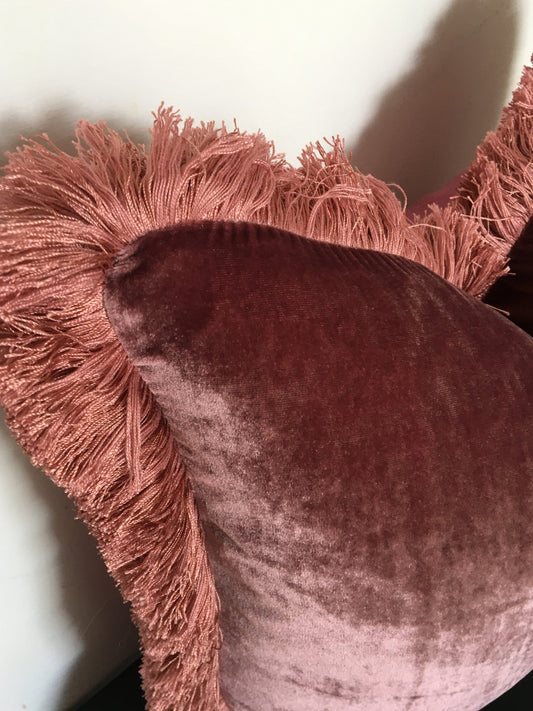 Silk Velvet Throw Pillow - Berry Pink Velvet Fringe Cushion