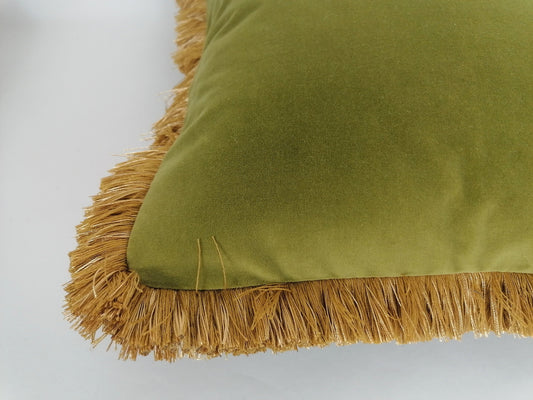 Green Velvet Pillow - Olive Green Velvet Cushion With Fringe Trim
