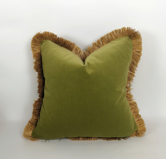 Chartreuse Green Velvet Pillow - Olive Green Velvet Cushion With Fringe