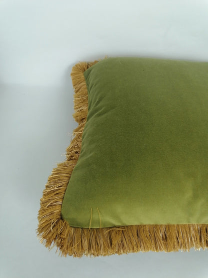 Chartreuse Green Velvet Pillow - Olive Green Velvet Cushion With Fringe