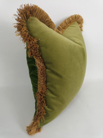 Chartreuse Green Velvet Pillow - Olive Green Velvet Cushion With Fringe