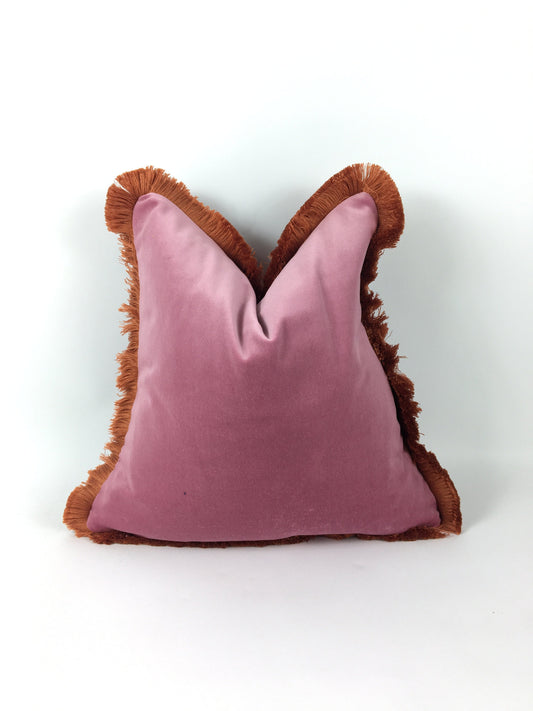 Pink Velvet Pillow - Orange Fringe Pillow With Soft Coral Trim | Velvet Cushion Cover