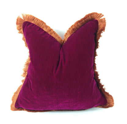 Velvet Pillow, Silk Velvet Cushion, Fuschia Pink with Coral fringe Trim
