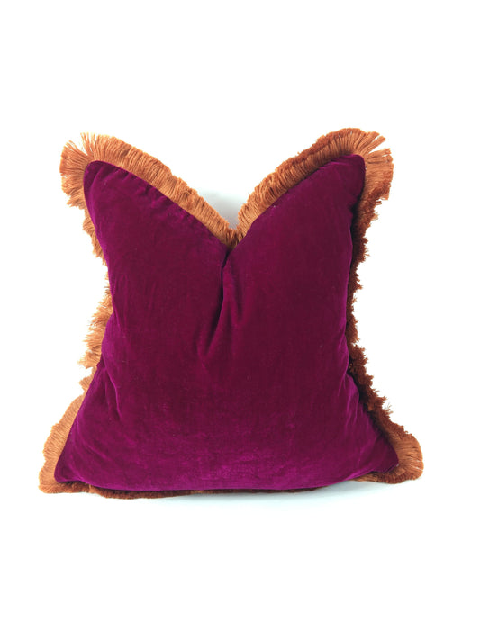 Silk Velvet Throw Pillow - Fuschia Pink Velvet Fringe Cushion