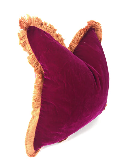 Velvet Pillow, Silk Velvet Cushion, Fuschia Pink with Coral fringe Trim