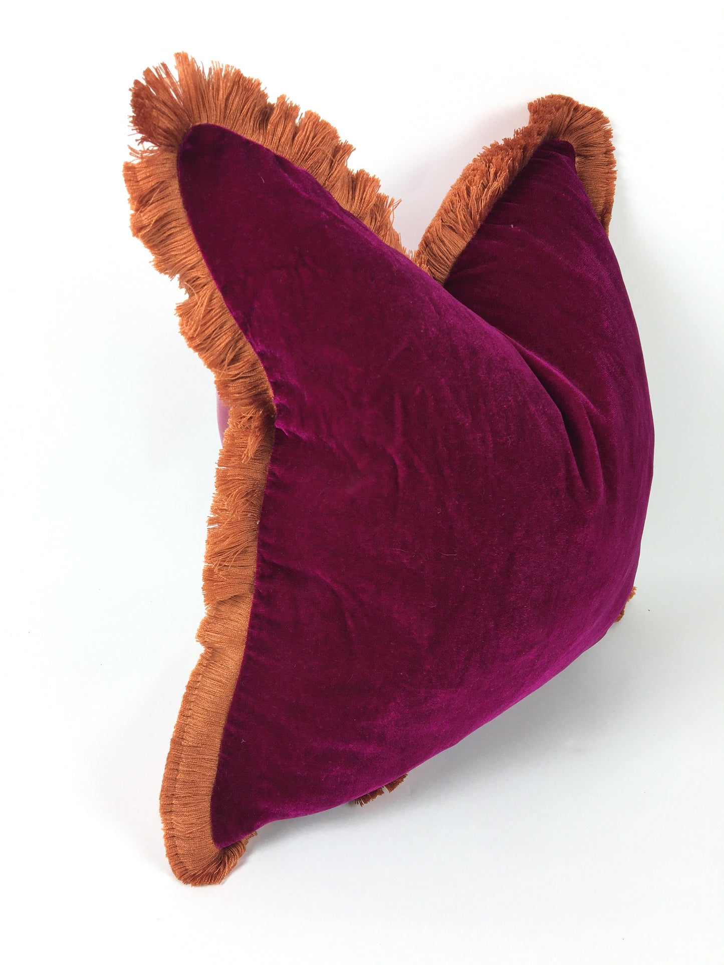 Velvet Pillow, Silk Velvet Cushion, Fuschia Pink with Coral fringe Trim