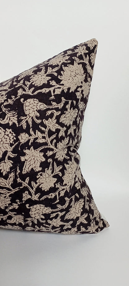 Black Floral Pillow - Block Print Pillow With Cotton Cover & Invisible Zipper