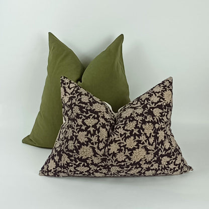 Block Print Pillow - Long Lumbar Linen Cushion With Black Floral Design