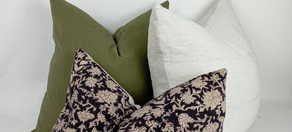 Block Print Pillow – Black Floral Designer Cushion With Linen & Cotton Canvas Backing