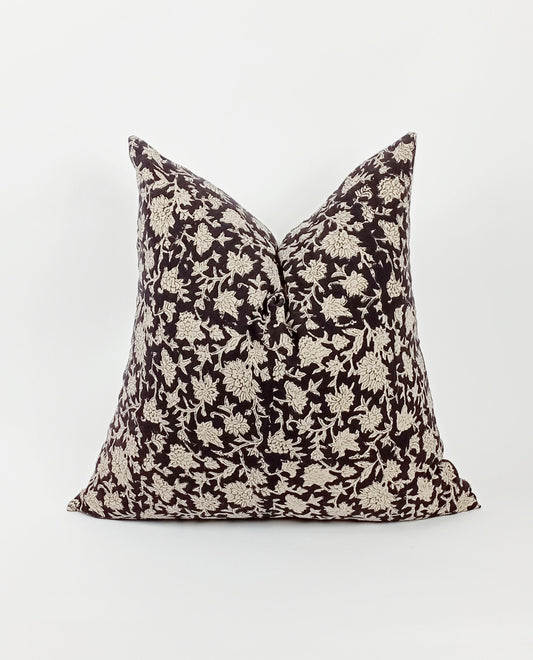 Black Floral Pillow - Block Print Pillow With Cotton Cover & Invisible Zipper