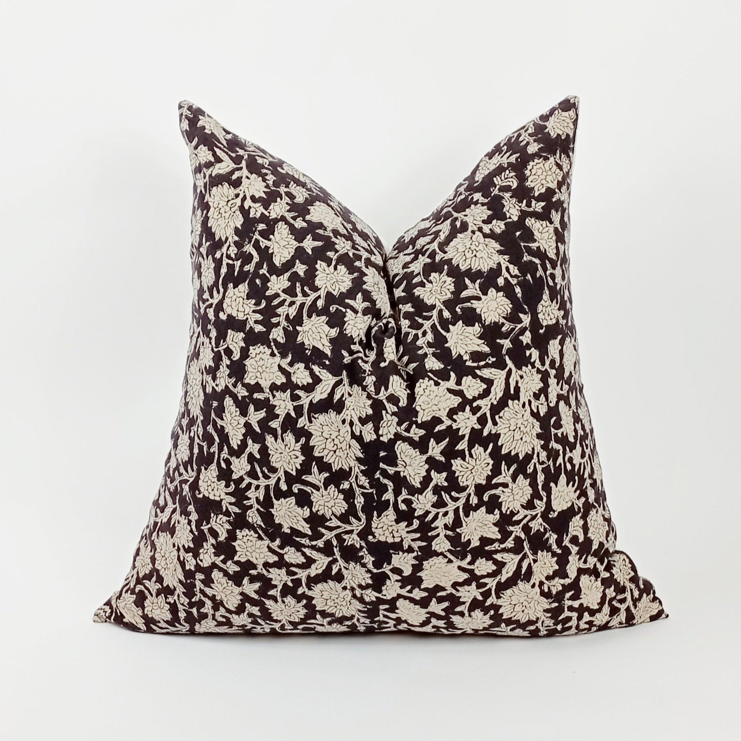 Block Print Pillow – Black Floral Designer Cushion With Linen & Cotton Canvas Backing