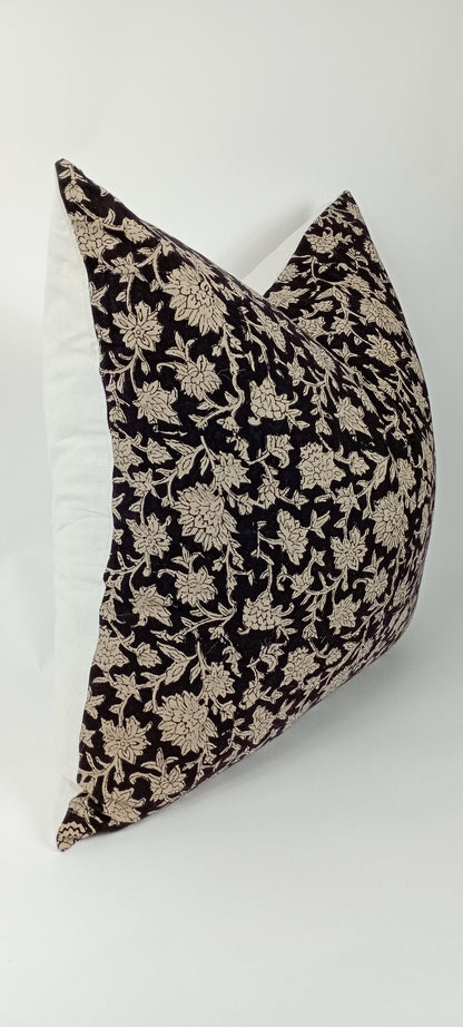 Block Print Pillow – Black Floral Designer Cushion With Linen & Cotton Canvas Backing