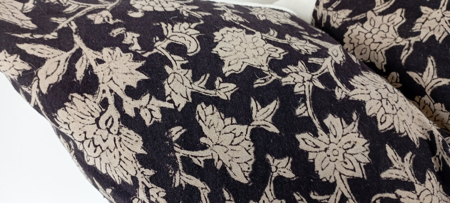 Black Floral Pillow - Block Print Pillow With Cotton Cover & Invisible Zipper
