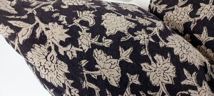 Black Floral Pillow - Block Print Pillow With Cotton Cover & Invisible Zipper