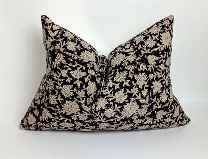Black Floral Pillow - Block Print Pillow With Cotton Cover & Invisible Zipper