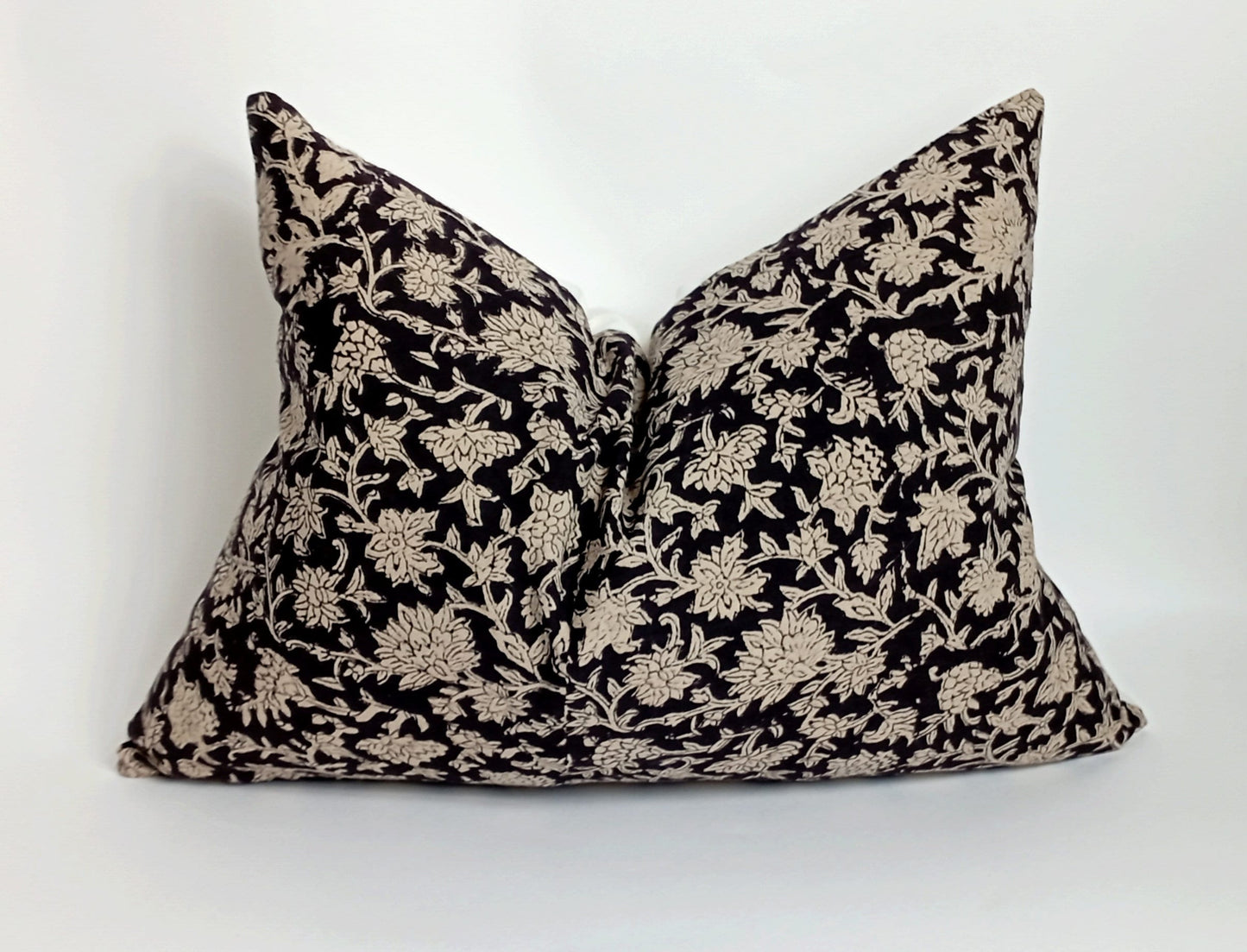 Block Print Pillow – Black Floral Designer Cushion With Linen & Cotton Canvas Backing