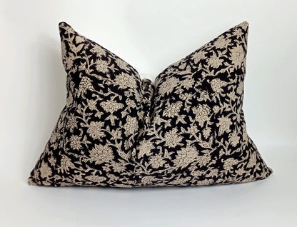 Block Print Pillow – Black Floral Designer Cushion With Linen & Cotton Canvas Backing