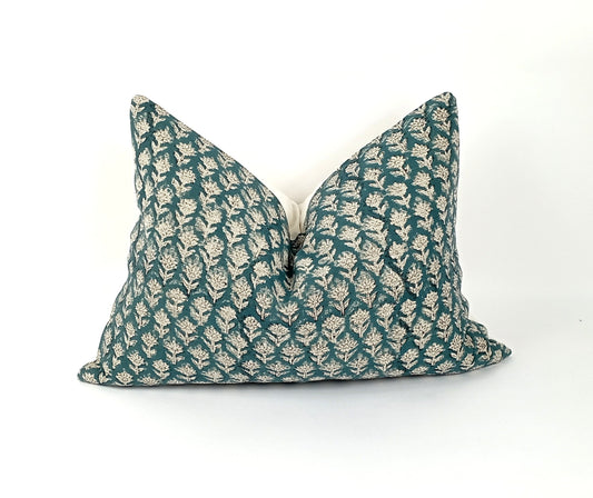 Teal Floral Pillow – Block Print Pillow With Linen Decorative Fabric