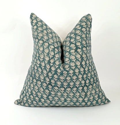 Teal Floral Pillow - Stylish Block Print Pillow With Invisible Zipper Cushion