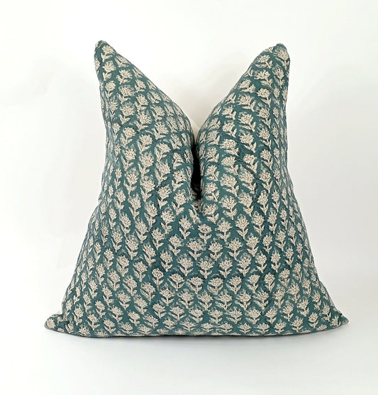 Teal Floral Pillow - Stylish Block Print Pillow With Invisible Zipper Cushion