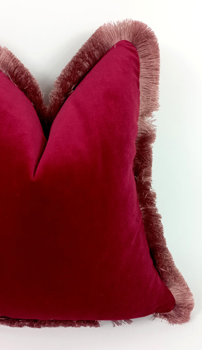 Red Velvet Pillow – Pink Fringe Cushion Cover | Soft Cotton Velvet Throw Pillow
