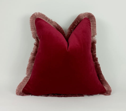 Red Velvet Pillow – Pink Fringe Cushion Cover | Soft Cotton Velvet Throw Pillow