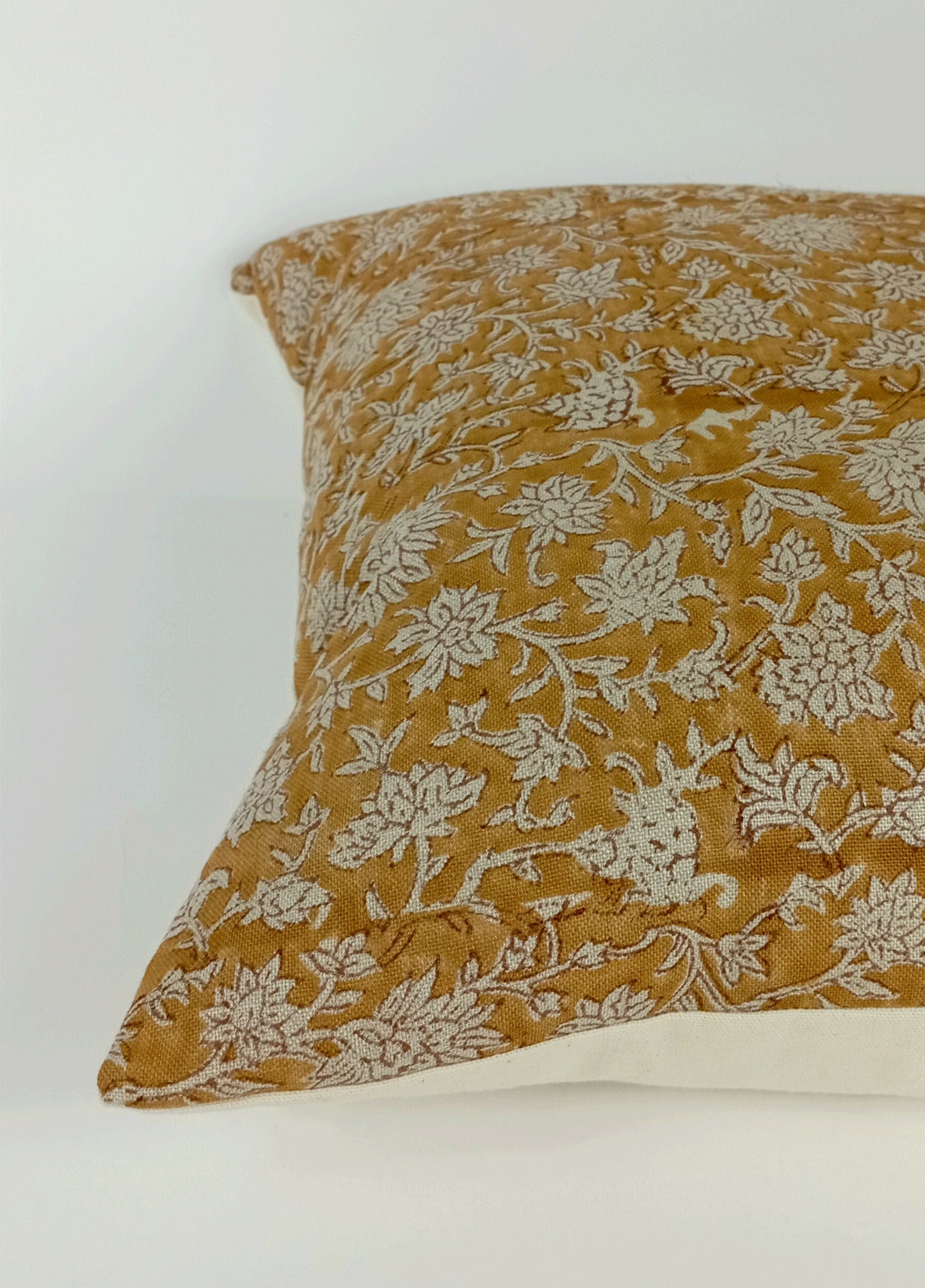 Mustard Block Print Pillow - Yellow Floral Pattern Cushion With Linen Front