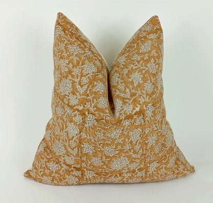 Mustard Block Print Pillow - Yellow Floral Pattern Cushion With Linen Front