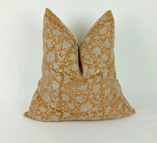Mustard Block Print Pillow - Yellow Floral Pattern Cushion With Linen Front