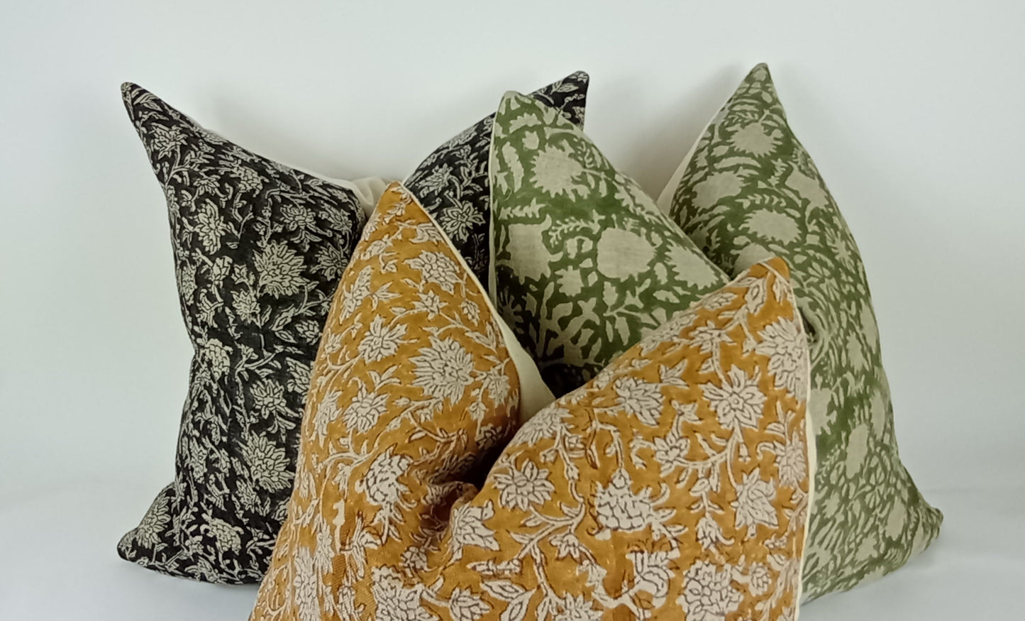 Block Print Pillow – Green Floral Lumbar Cushion With Blue Fringe Trim