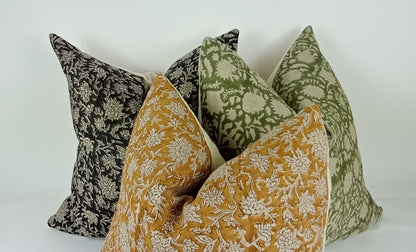 Block Print Pillow – Green Floral Lumbar Cushion With Blue Fringe Trim