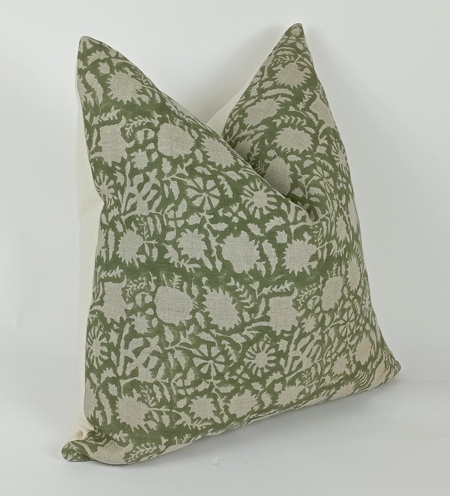 Green Floral Pillow - Hand Printed Block Print Cushion With Linen & Cotton Canvas