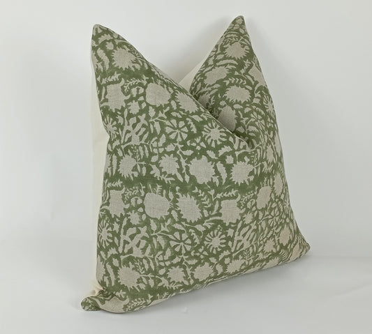 Green Floral Pillow - Hand Printed Block Print Cushion With Linen & Cotton Canvas
