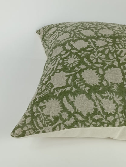 Green Floral Pillow - Hand Printed Block Print Cushion With Linen & Cotton Canvas