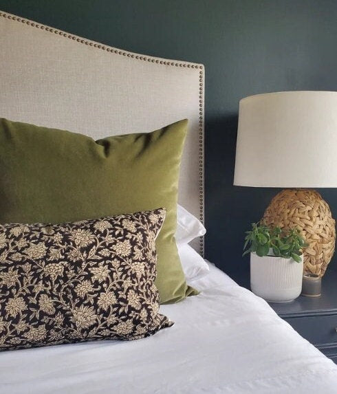 Block Print Pillow - Long Lumbar Linen Cushion With Black Floral Design