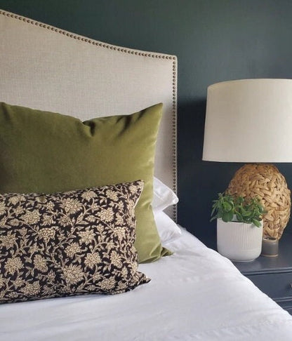 Block Print Pillow - Long Lumbar Linen Cushion With Black Floral Design